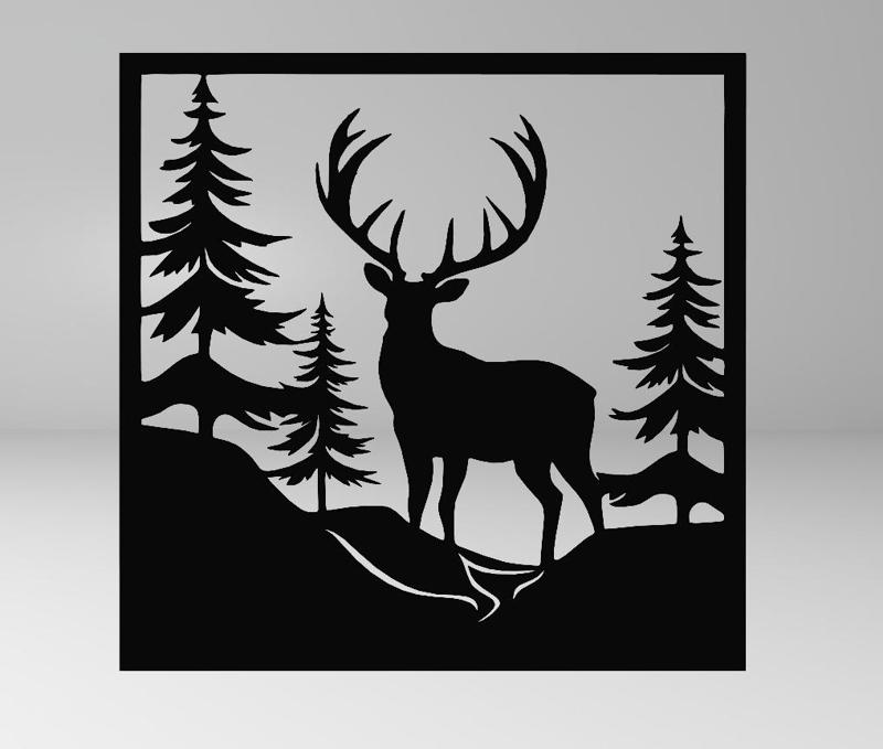 Forest Majesty: Line Art of a Deer Among Pine Trees