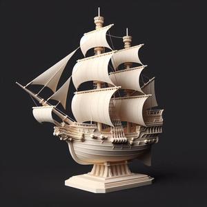 191 Pirate Sailing Ship with Cannons - Ivory-Style Minimalist Model, character, monster, fantasy, art, sculpture, model, animal, 3d model, statue, creature, magic, 3d print, collectible, cat, wood, dragon, sword, base, warrior, wild, dog