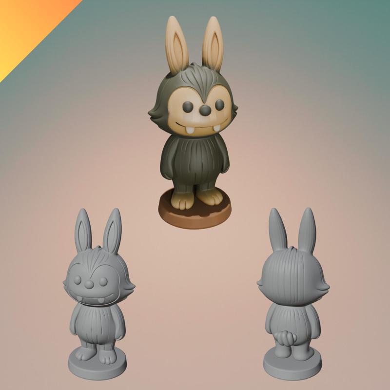 Black Labubu Board Game Piece Pawn – STL + GLB Formats – One-Piece 3D Printable Designer Toy Token with Texture