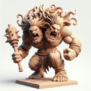 393 Two-Headed Roaring Norwegian Troll - 3D-Printed Ivory-Style Statue, animal, statue, magic, creature, sculpture, fantasy, art, wood, base, sword, warrior, wild, low poly, lion, dragon, dnd, cat, monster hunter, monster, dog