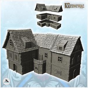 Medieval house with balcony and mixed thatch and slate roof (23) - Medieval Gothic Feudal Old Archaic Saga 28mm 15mm