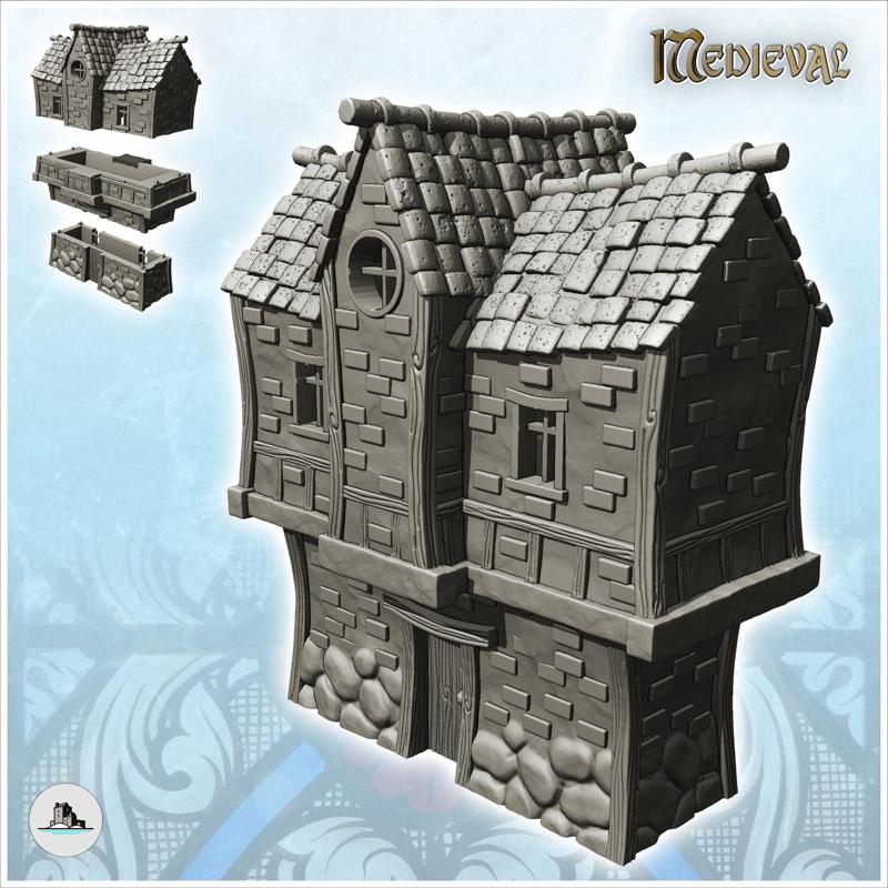 Medieval house with wooden beams with large floor with slate roof (28) - Medieval Gothic Feudal Old Archaic Saga 28mm 15mm RPG