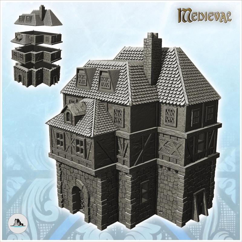 Medieval house with large roof and pointed centerpiece (24) - Medieval Gothic Feudal Old Archaic Saga 28mm 15mm