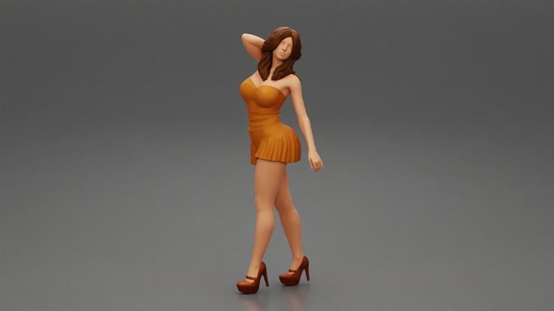 fashion girl walking with hand in hair in mini dress
