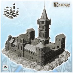 Large damaged stone castle with corner towers and high soaring keep (17) - Medieval Gothic Feudal Old Archaic Saga 28mm 15mm