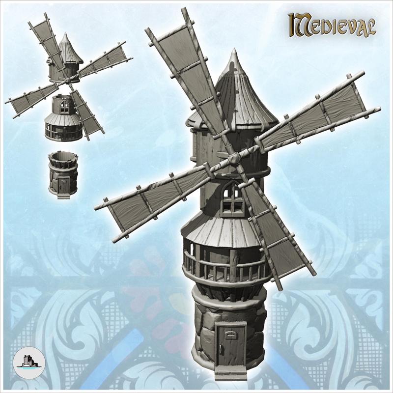 Large tower-shaped medieval mill with exposed stone base (5) - Medieval Gothic Feudal Old Archaic Saga 28mm 15mm RPG