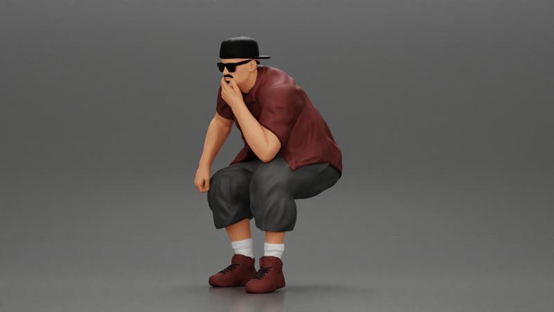 Fat Gangster in cap and sunglasses sitting and thinking