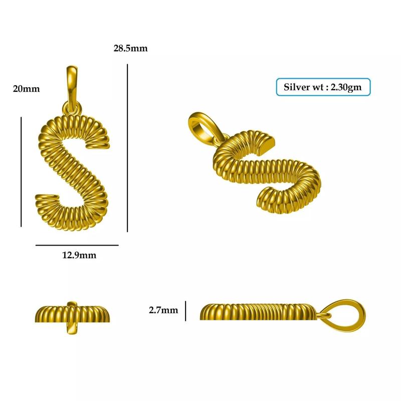 S Pendant gold plated letter with hook and chain