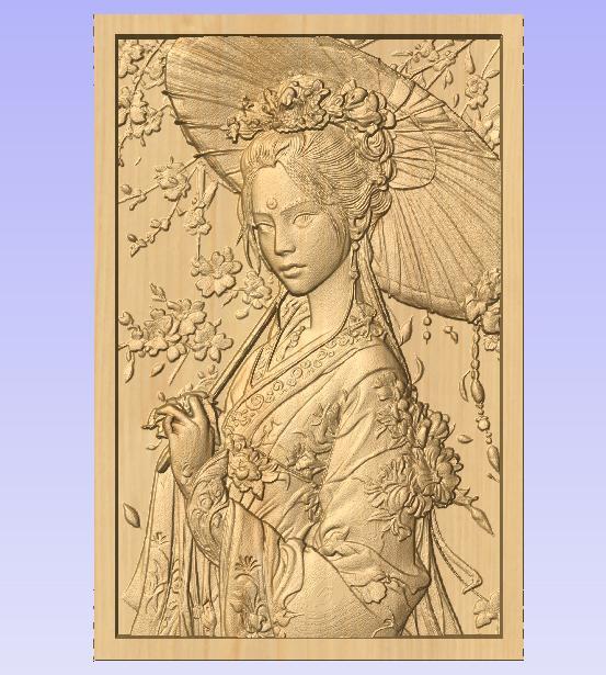 Elegant Japanese Woman with Parasol – 3D STL Relief for CNC