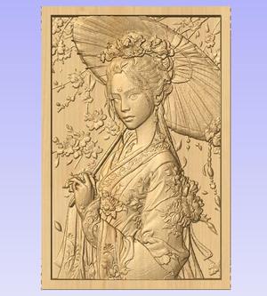 Elegant Japanese Woman with Parasol – 3D STL Relief for CNC