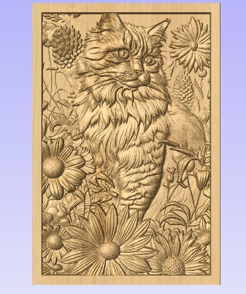 Floral Cat 3D Relief – Elegant STL File for CNC Wood Carving