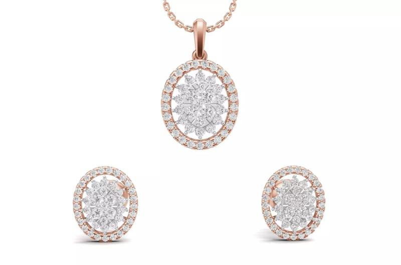 Oval Cluster Diamond Pendant With Earrings