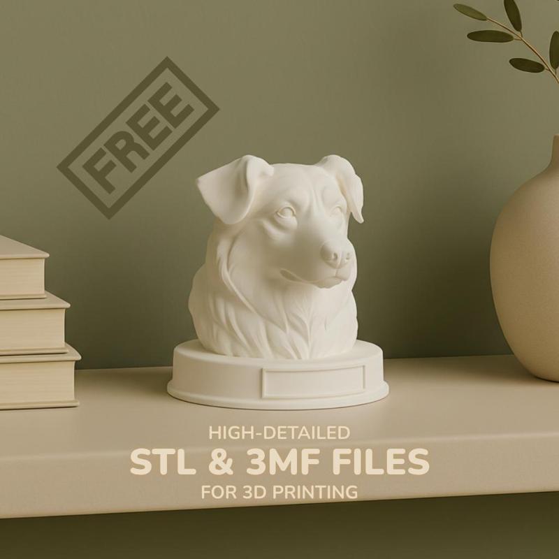 FREE - Australian Shepherd Dog Bust with Nameplate- Dog Statue - STL 3MF - 3D Printable Dog Model