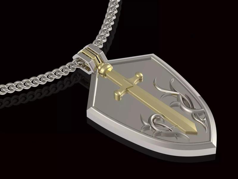 Sword and shield pendant gold printable 3D model