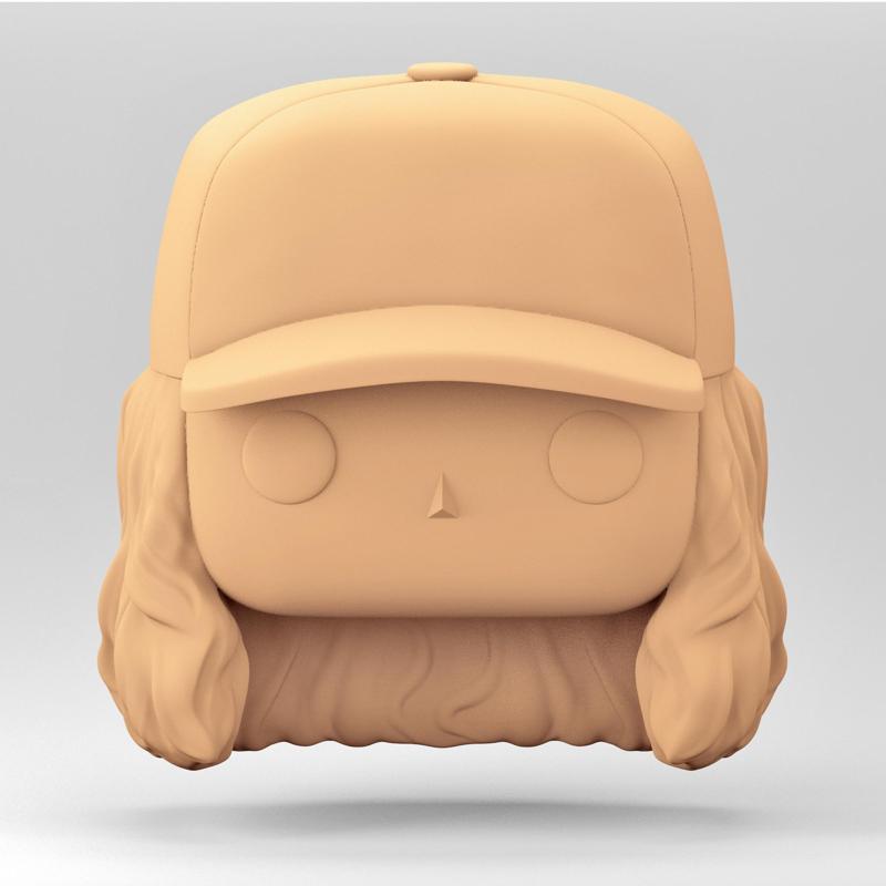 A female head in a POP style. A long curly hair and a cap. WH_8-7