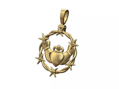 Barbwire halo open Claddagh heart crown round pendant