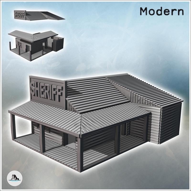 Sheriff building with multi-pitched roof, awning on a wooden platform, and sign (26) - Modern WW2 WW1 World War Diaroma Wargaming RPG Mini Hobby