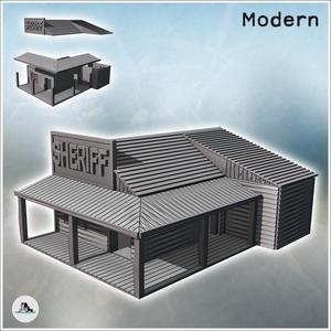 Sheriff building with multi-pitched roof, awning on a wooden platform, and sign (26) - Modern WW2 WW1 World War Diaroma Wargaming RPG Mini Hobby