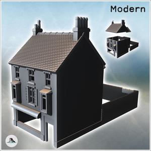 House with a ground-floor shop, double bay windows on the upper floor, and a garden wall (23) - Modern WW2 WW1 World War Diaroma Wargaming RPG Mini Hobby