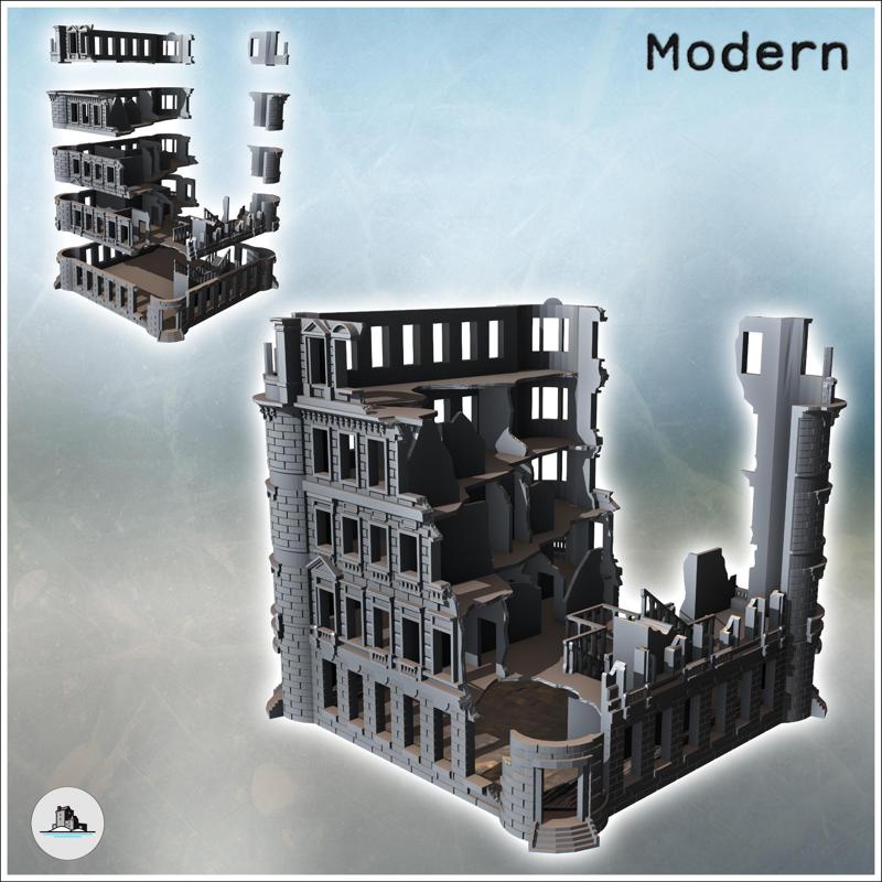 Building with rounded corners and brick walls (destroyed version) (40) - Modern WW2 WW1 World War Diaroma Wargaming RPG Mini Hobby