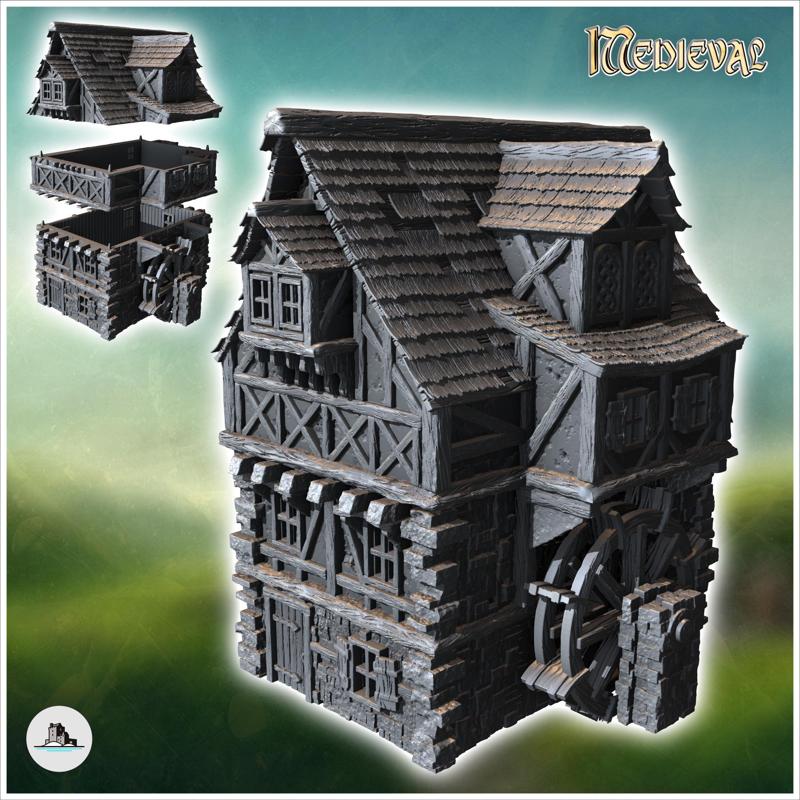 Medieval half-timbered stone mill with water wheel and hipped dormer window (38) - Medieval Gothic Feudal Old Archaic Saga 28mm 15mm RPG