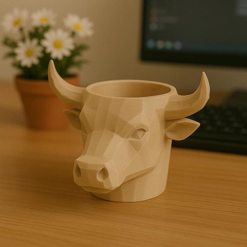 Low-Poly Bull Head Planter | Horned Animal Pot – Modern 3D Print