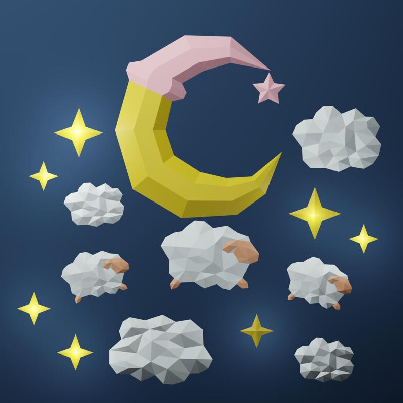 Low Poly Moon, Sheep, and Stars, Луна, Овечки и Звезды Лоу Поли