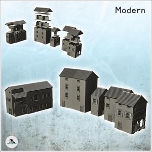 Set of four European houses with terrace and columns (10) - World War Two Second WWII Front Eastern Western Axis Allied