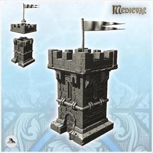 Square medieval stone tower with battlements and waving flag (21) - Medieval Gothic Feudal Old Archaic Saga 28mm 15mm