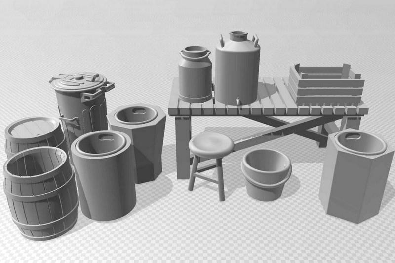 1/100 stash of model stuff, furniture and goods