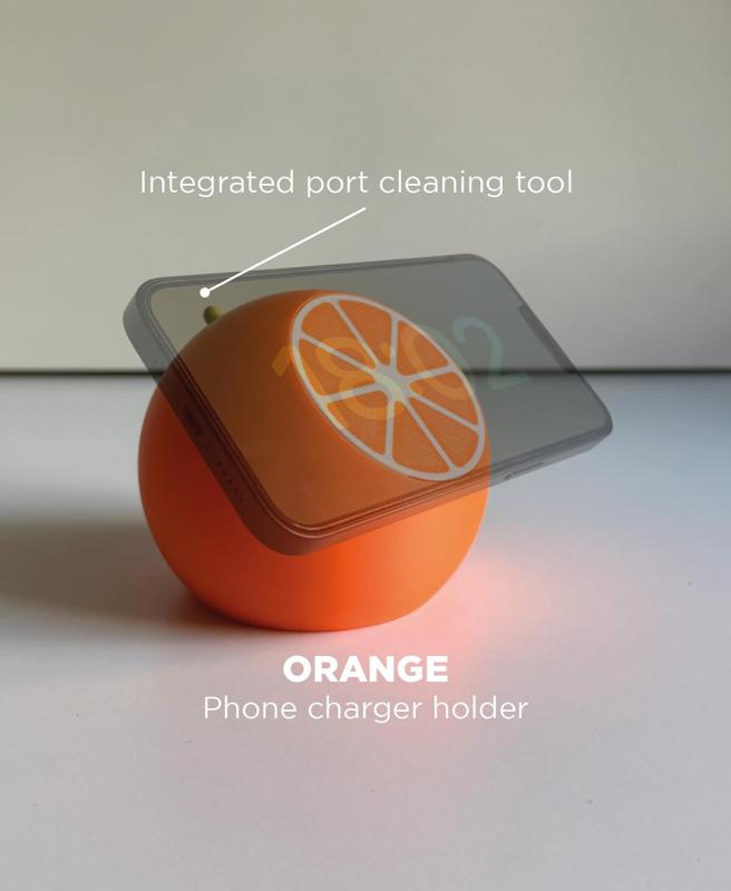 Orange, Phone charger holder with port cleaning tool.