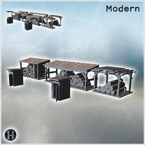 Group of wood sheds with logs stacked, small wooden storage units adjacent (10) - Modern WW2 WW1 World War Diaroma Wargaming RPG Mini Hobby