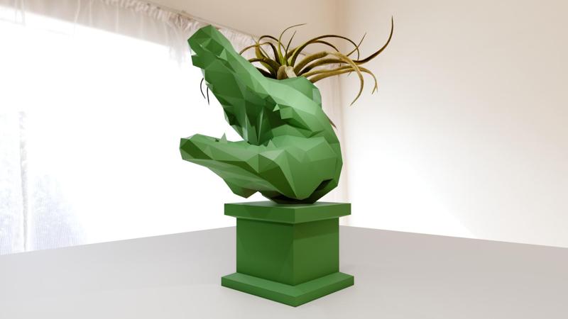 caiman crocodile mouth open bust low poly planter pot flower vase stl