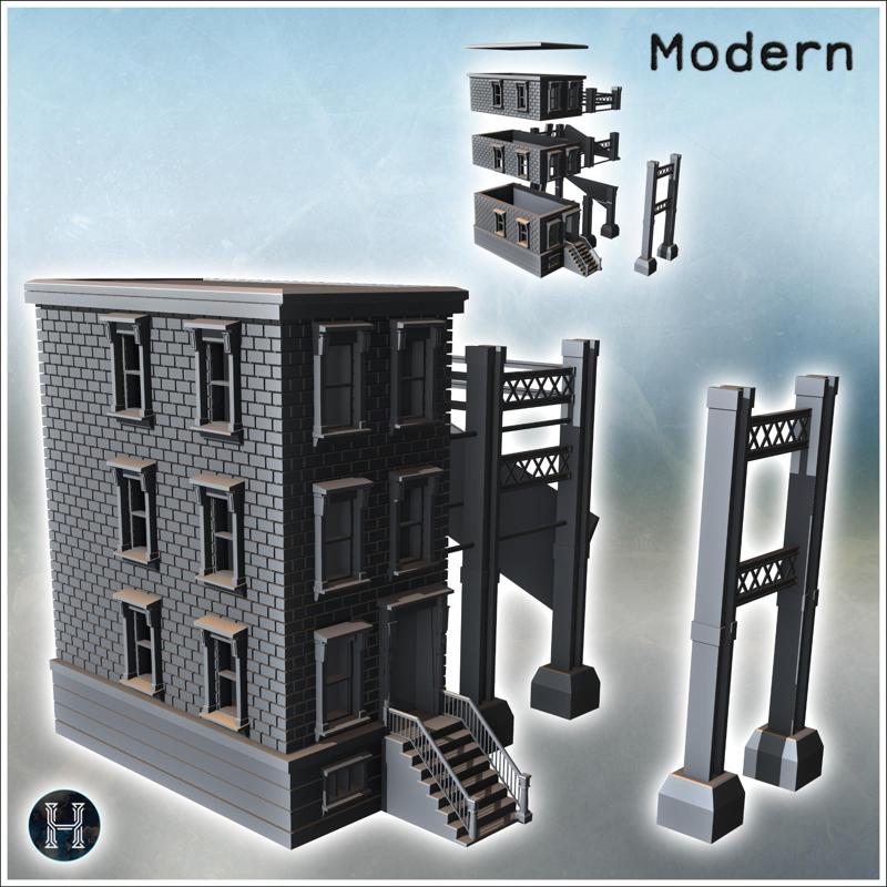 Modern brick building with floors, access stairs, and metal beam structure (7) - Modern WW2 WW1 World War Diaroma Wargaming RPG Mini Hobby