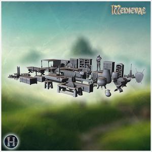 Medieval-style furniture set featuring tables, shelves, armors, and rustic wooden accessories (6) - Medieval Gothic Feudal Old Archaic Saga 28mm 15mm RPG