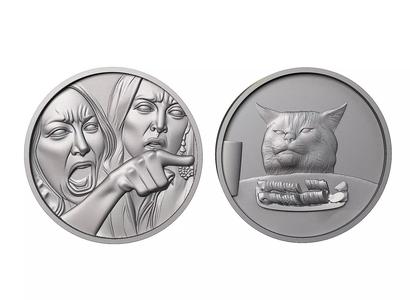 A coin and a medal in the form of a meme Woman yelling at a cat