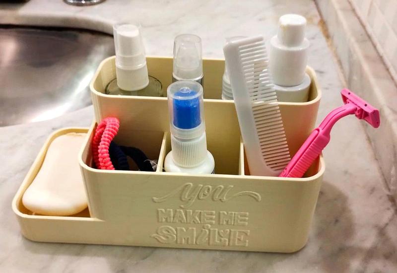 Bathroom organizer with phrase