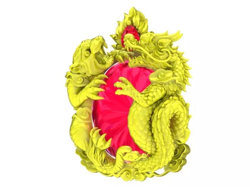 A7628 Oval Ruby Crouching Tiger Dragon Pendant 3D Print