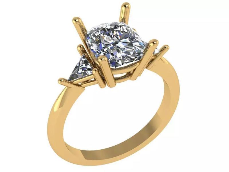 Three-Stone cushion ring with triangle stones on the side