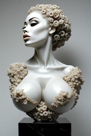 Striking female sculpture with a stylized aesthetic, meticulously crafted coiled hair, and a seamless transition from glossy smoothness to intricate organic textures resembling coral