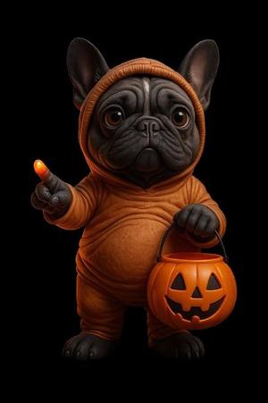 Cute Halloween-themed sculpture: a bulldog in an orange costume, holding a pumpkin bucket for sweets