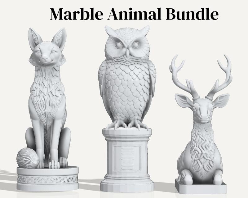 Marble Animal Sculpture Bundle – Deer, Owl & Fox STL Models