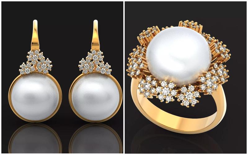 set pearl ring and earrings with flowers 1389 3D Model Collection