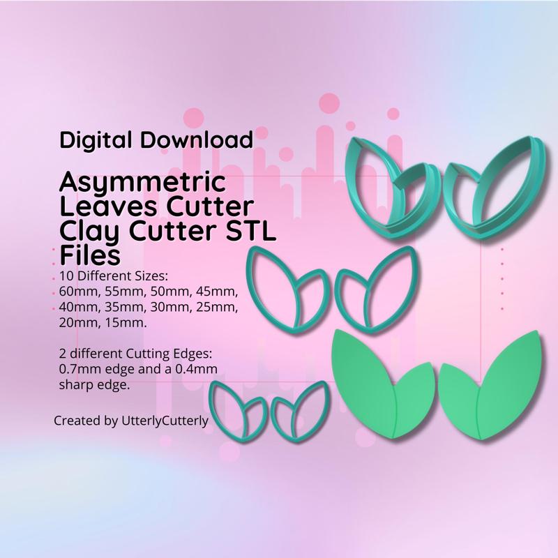 Clay Cutter STL File Asymmetric Leaves- Flower Earring Digital File Download- 10 sizes & 2 Cutter Versions, cookie cutter