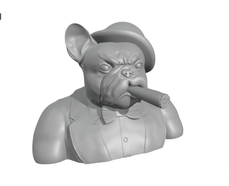 Gentleman French Bulldog half body with bowler hat and cigar.