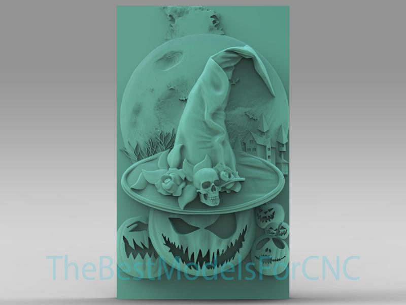 3D Model STL File for CNC Router Laser & 3D Printer Evil Pumpkin With Witch Hat