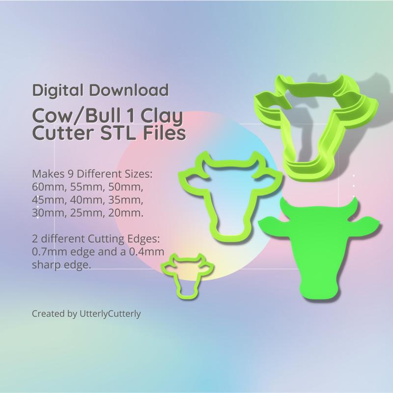 Cow Clay Cutter - Bull STL Digital File Download- 8 sizes and 2 Cutter Versions