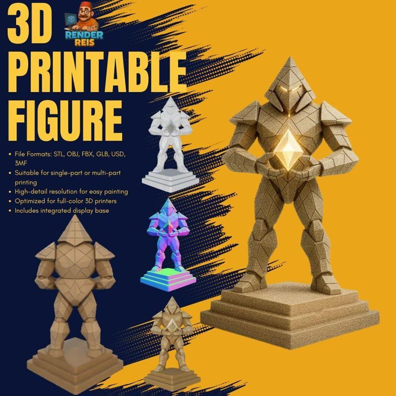 3D Printable Pyramid Guardian: Crystal-Hearted Golem Figurine