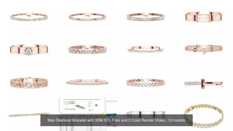Men Diamond Bracelet with 3DM STL Files and 3 Color Render Video 3D Model Collection