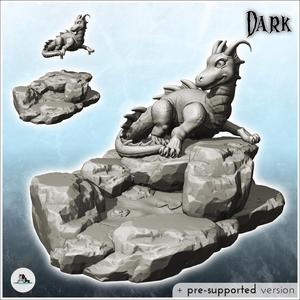 Fantasy horned dragon sitting on rocky promontory (27) - Medieval Dark Chaos Animal Beast Undead Tabletop Terrain Feeric